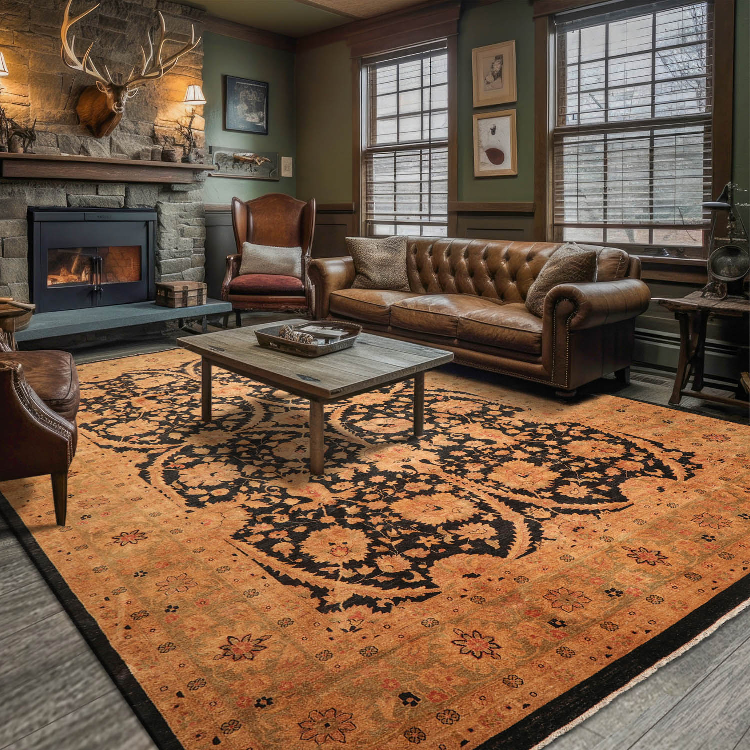 11' 8''x16' 10'' Charcoal Sage Gold Color Hand Knotted Persian 100% Wool Traditional Oriental Rug