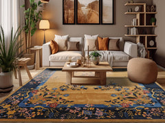 8' x10' Muddy Gold Dark Blue Light Blue Color Hand Tufted Pictorial New Zealand Wool Art Deco Oriental Rug