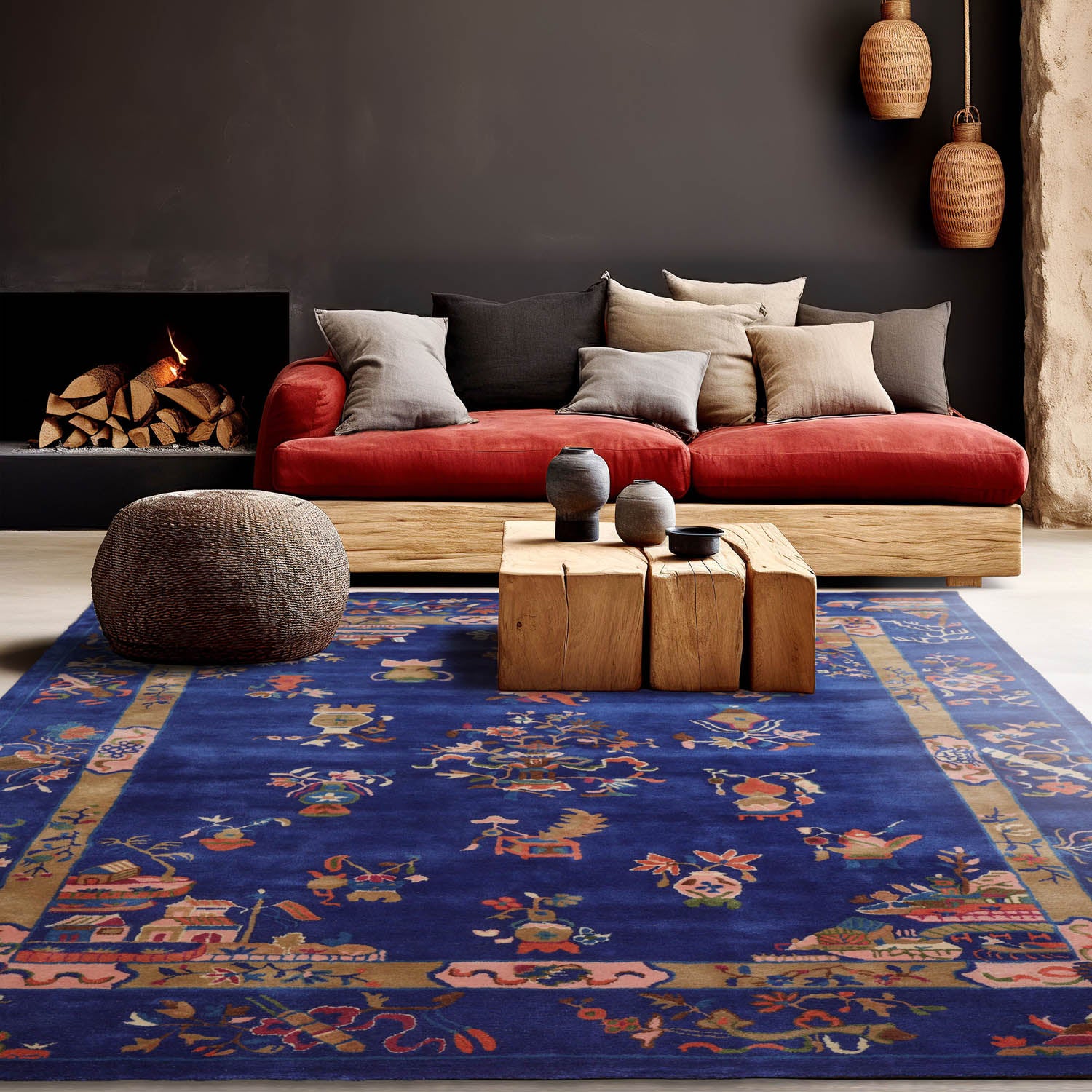 8' x10' Royal Blue Moss Pink Color Hand Tufted Pictorial New Zealand Wool Art Deco Oriental Rug