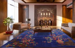 8' x10' Royal Blue Orange Lime Color Hand Tufted Floral New Zealand Wool Art Deco Oriental Rug