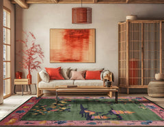 8' x10' Green Pink Gold Color Hand Tufted Pictorial New Zealand Wool Art Deco Oriental Rug
