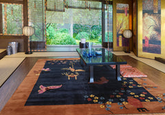 8' x10' Navy Peach Pink Color Hand Tufted Patterned New Zealand Wool Art Deco Oriental Rug
