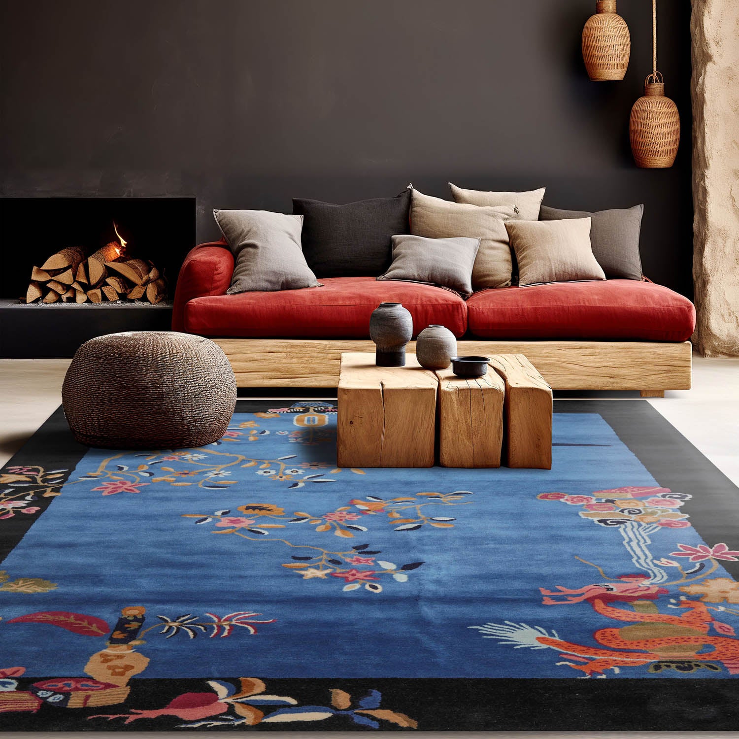 8' x10' Blue Black Gold Color Hand Tufted Pictorial New Zealand Wool Art Deco Oriental Rug