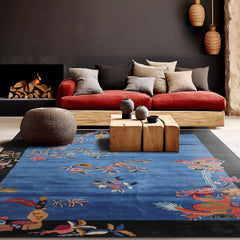 8' x10' Blue Black Gold Color Hand Tufted Pictorial New Zealand Wool Art Deco Oriental Rug