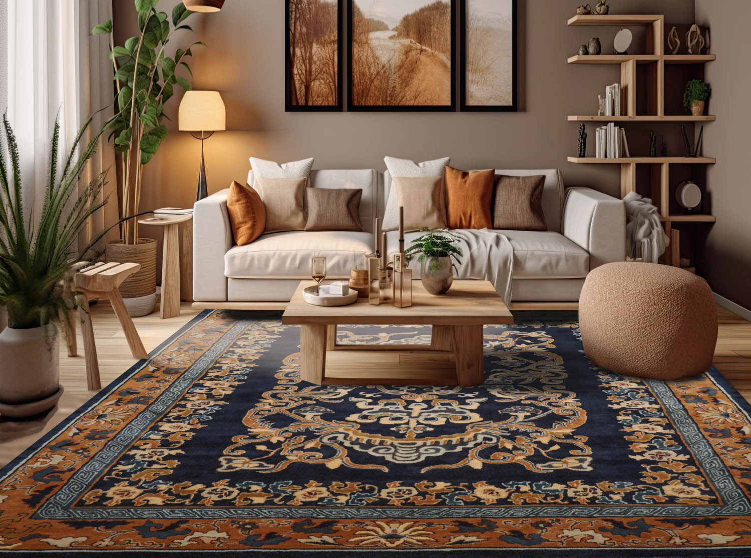 8' x10' Blue Caramel Beige Color Hand Tufted Patterned New Zealand Wool Art Deco Oriental Rug