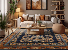 8' x10' Blue Caramel Beige Color Hand Tufted Patterned New Zealand Wool Art Deco Oriental Rug