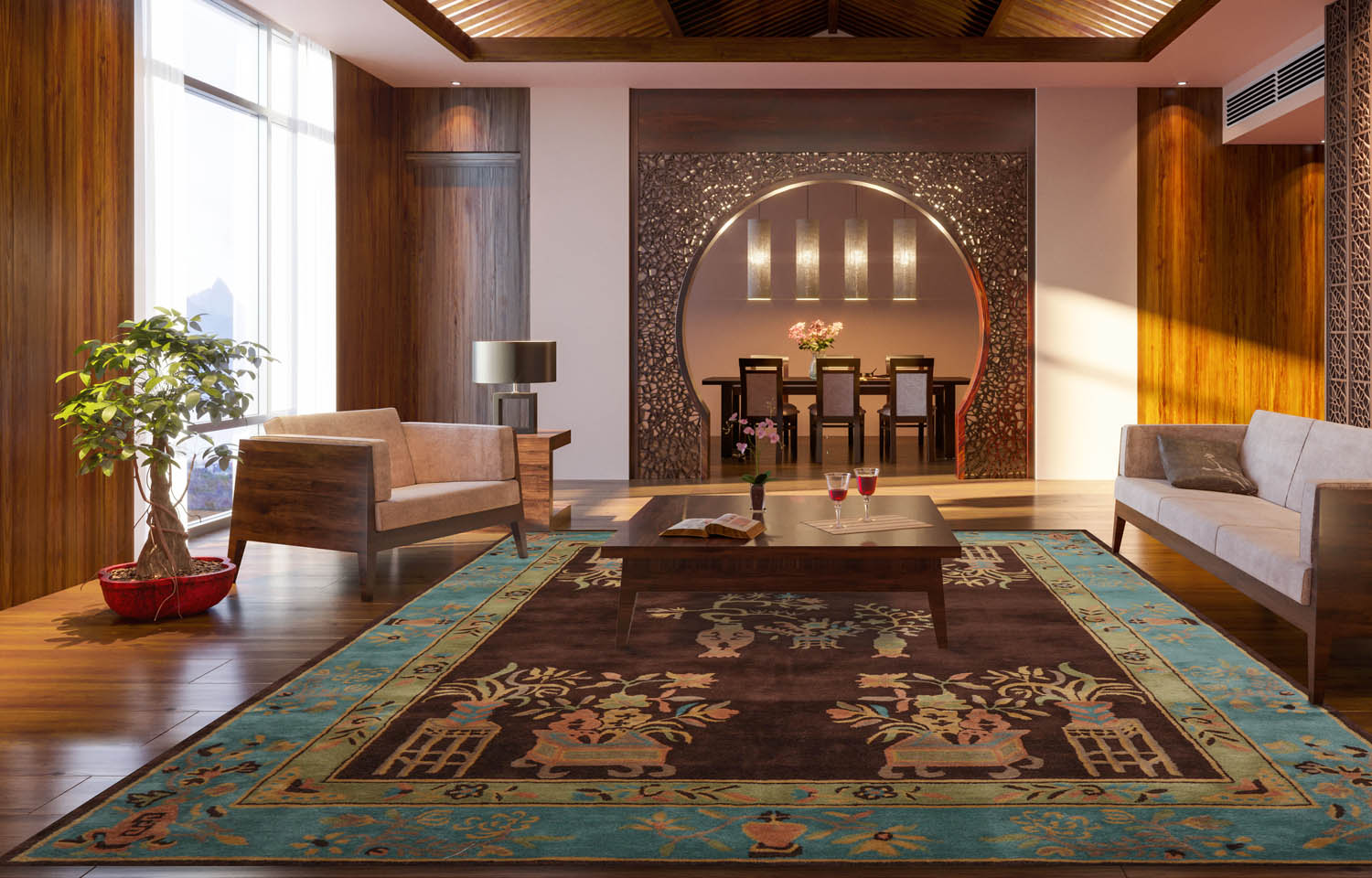 8' x10' Brown Aqua Mint Color Hand Tufted Patterned New Zealand Wool Art Deco Oriental Rug