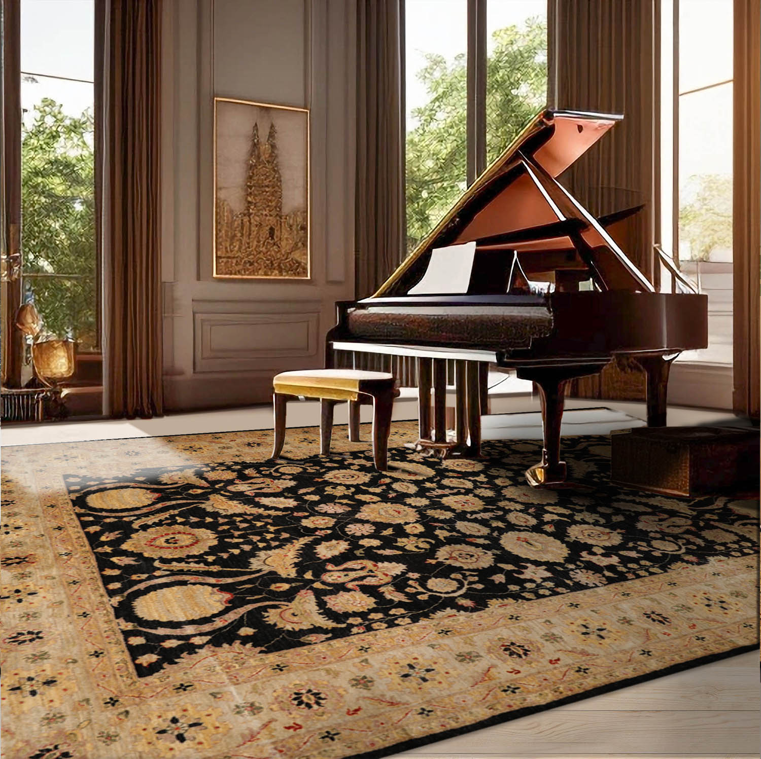 9' 3''x13' 4'' Black Beige Gold Color Hand Knotted Persian 100% Wool Traditional Oriental Rug