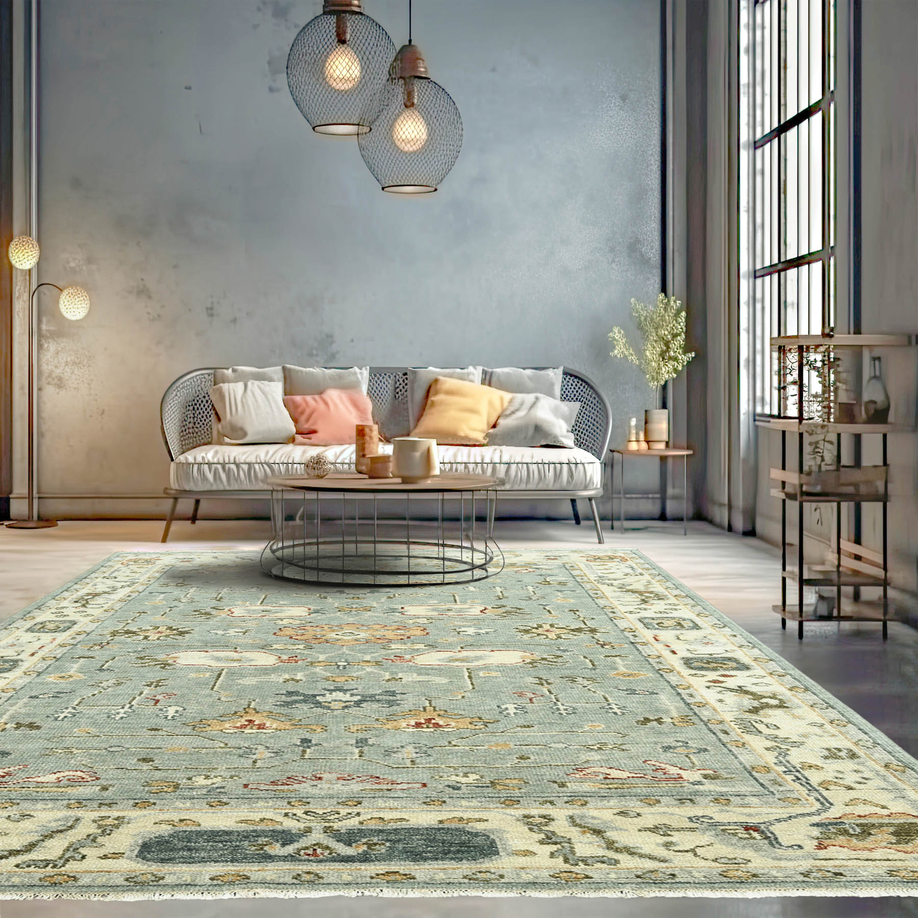 7' 8''x10' Gray Beige Green Color Hand Knotted Indo Oushak 100% Wool Traditional Oriental Area Rug