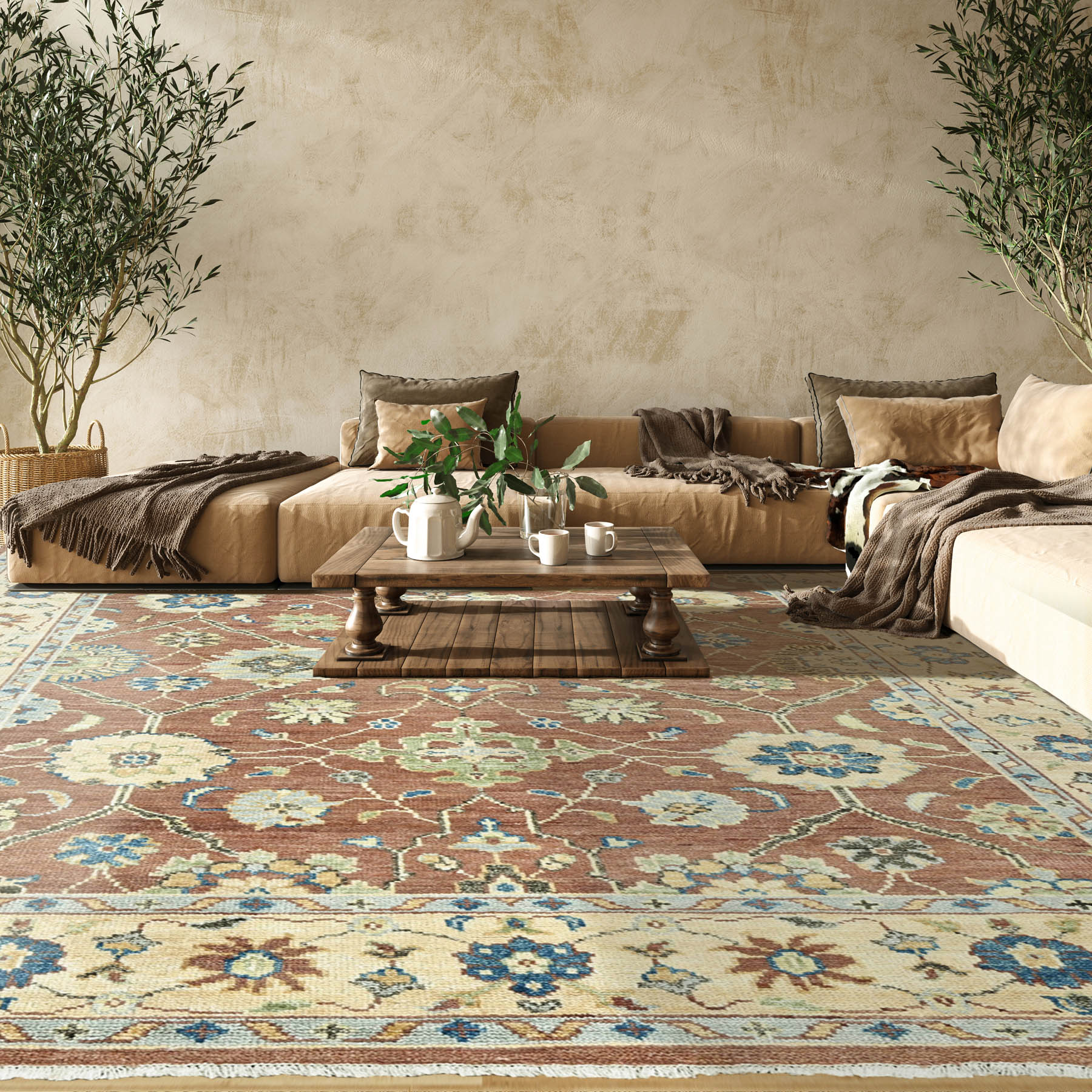 2' 6''x8' 10'' Brown Beige Sage Color Hand Knotted Indo Oushak 100% Wool Traditional Oriental Area Rug