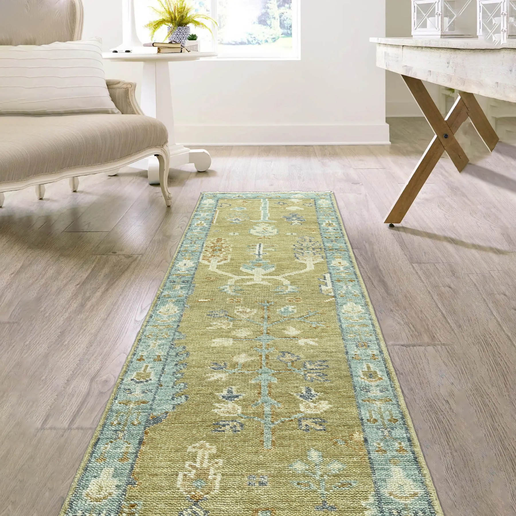 2' 6''x8' Gold Light Blue Color Hand Knotted Persian 100% Wool Traditional Oriental Rug
