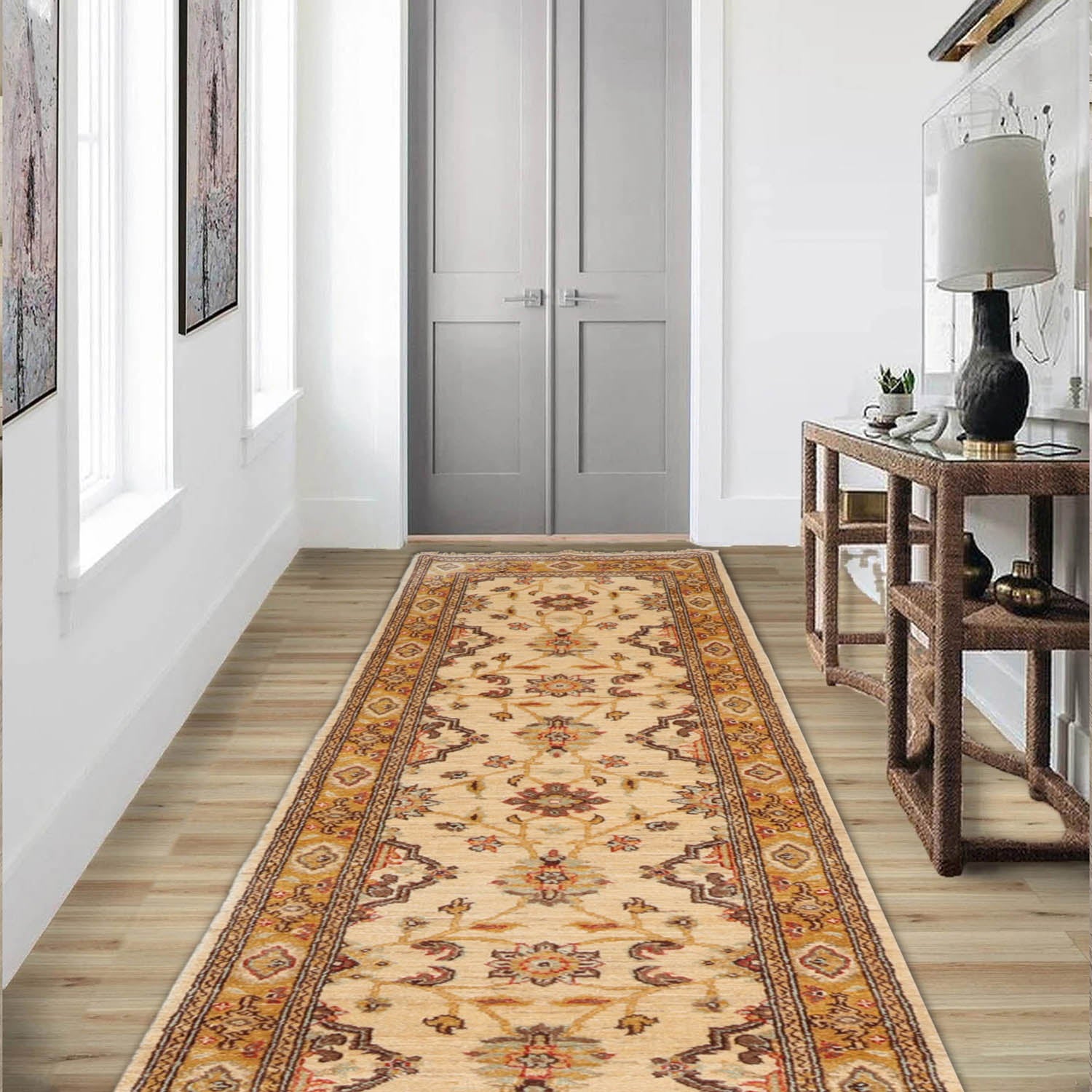 2' 11''x13' 8'' Beige Gold Aqua Color Hand Knotted Persian 100% Wool Traditional Oriental Rug