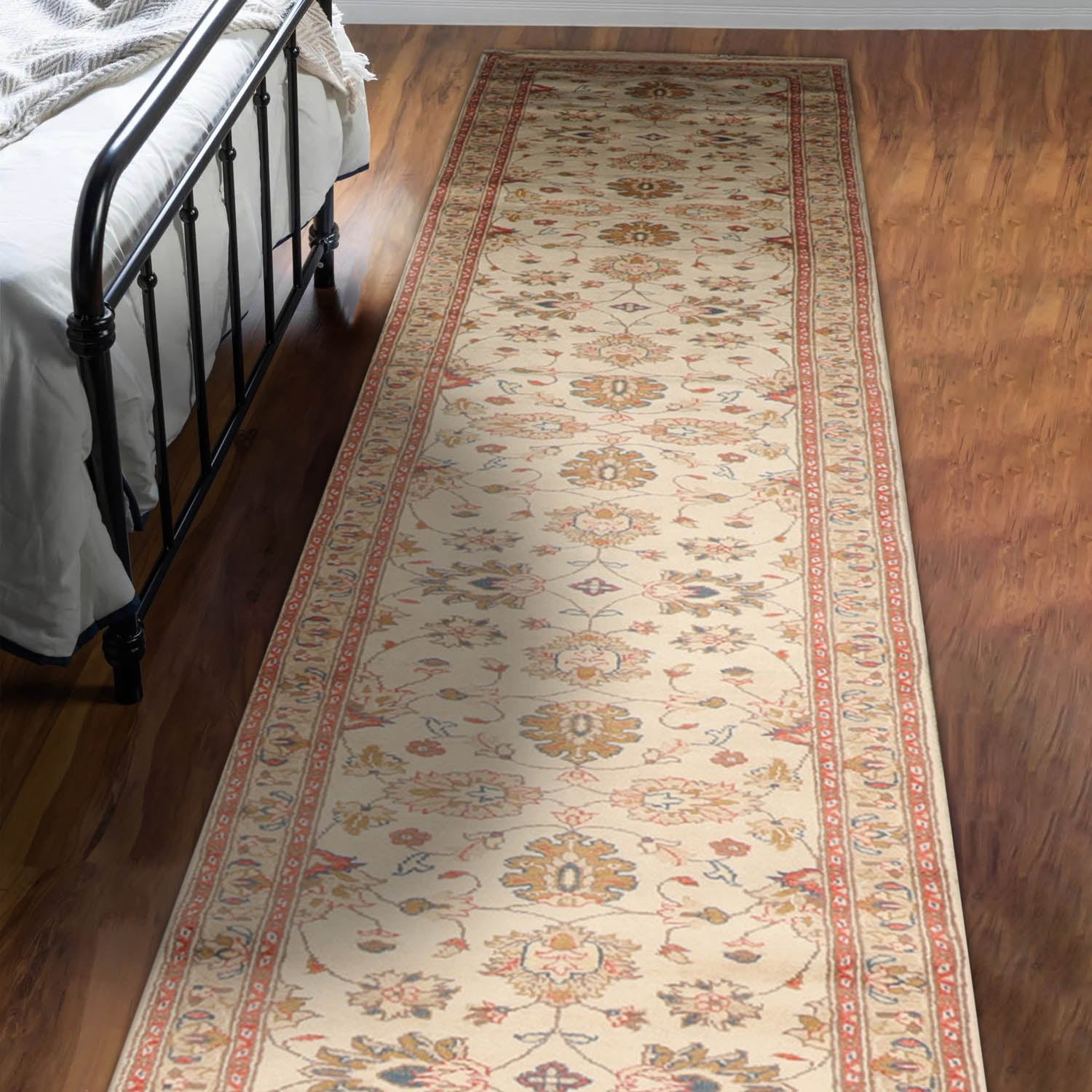 3' 1''x22' 6'' Beige Coral Teal Color Hand Knotted Persian 100% Wool Traditional Oriental Rug