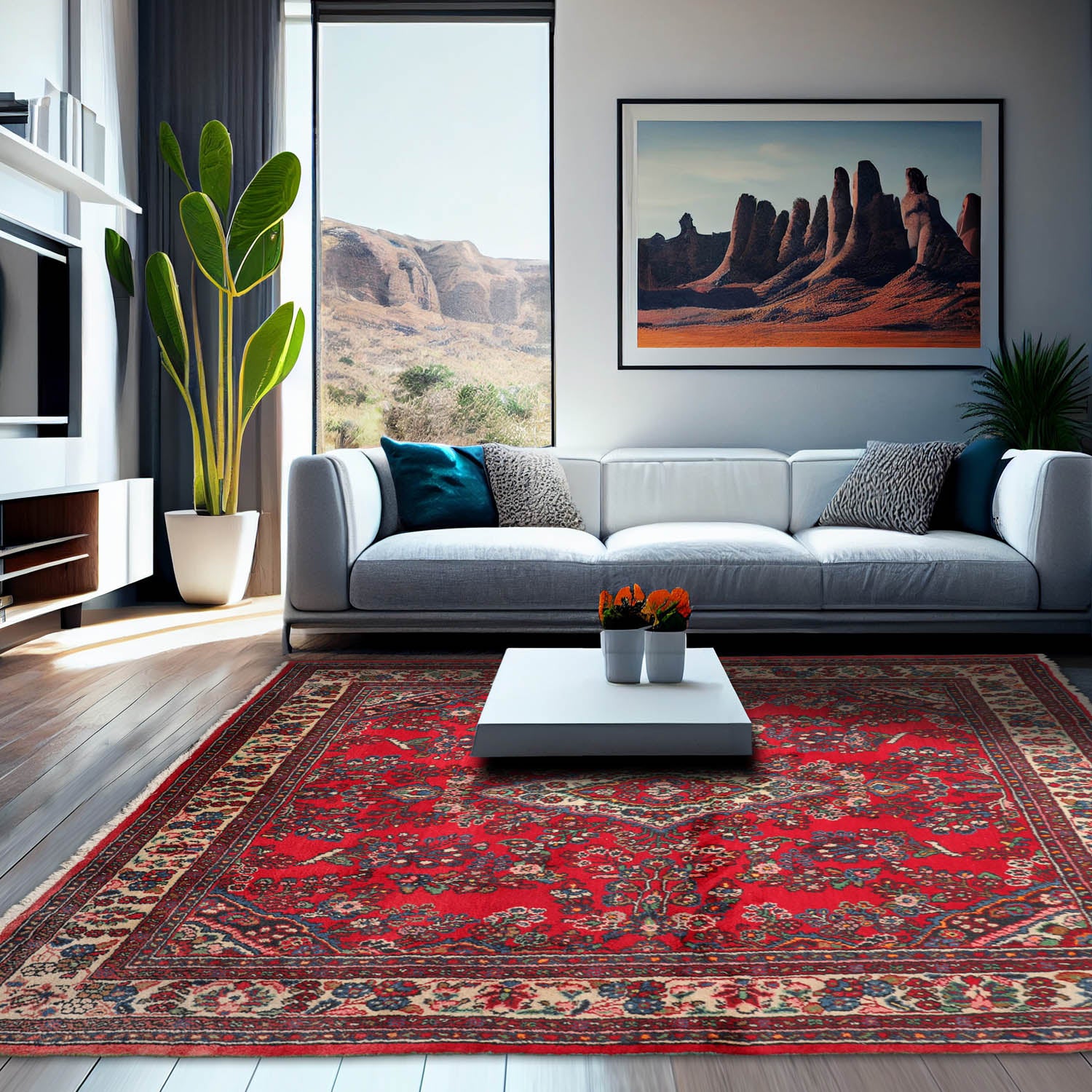 7' 1''x7' 10'' Red Ivory Blue Color Hand Knotted Persian 100% Wool Traditional Oriental Rug