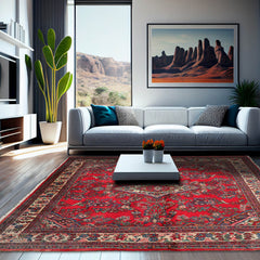 7' 1''x7' 10'' Red Ivory Blue Color Hand Knotted Persian 100% Wool Traditional Oriental Rug