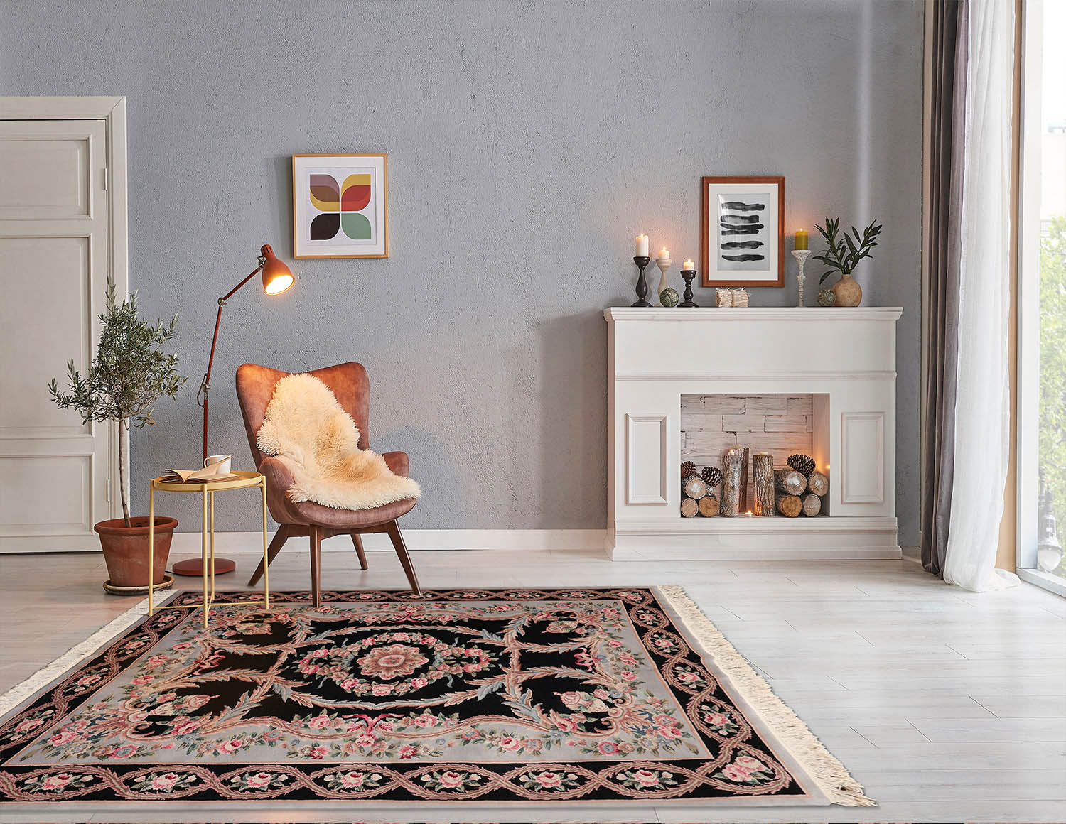 5' 9''x8' 9'' Black powder Blue Green Color Hand Knotted Aubusson Savonnerie 100% Wool Traditional Oriental Rug