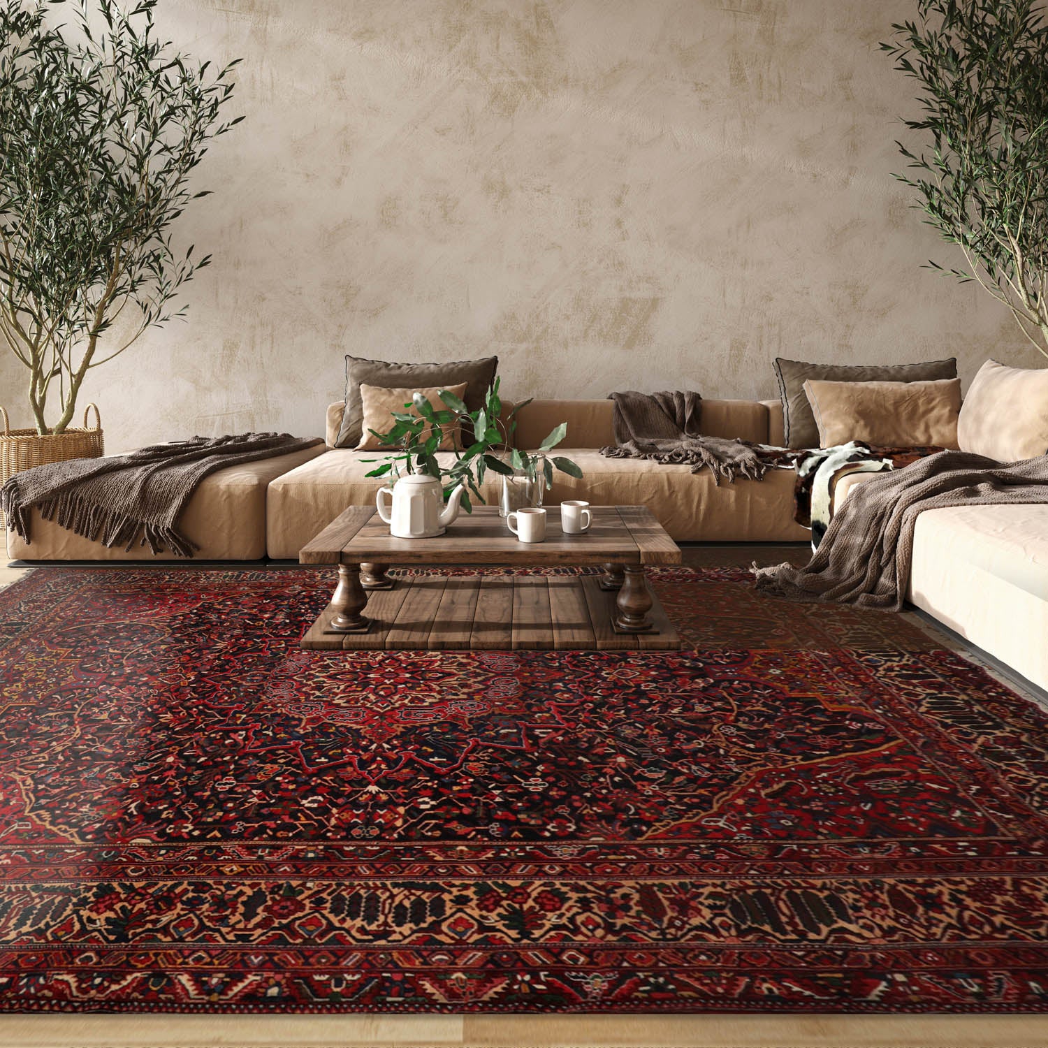 12' 3''x16' 8'' Midnight Blue Coral Ivory Color Hand Knotted Persian 100% Wool Traditional Oriental Rug
