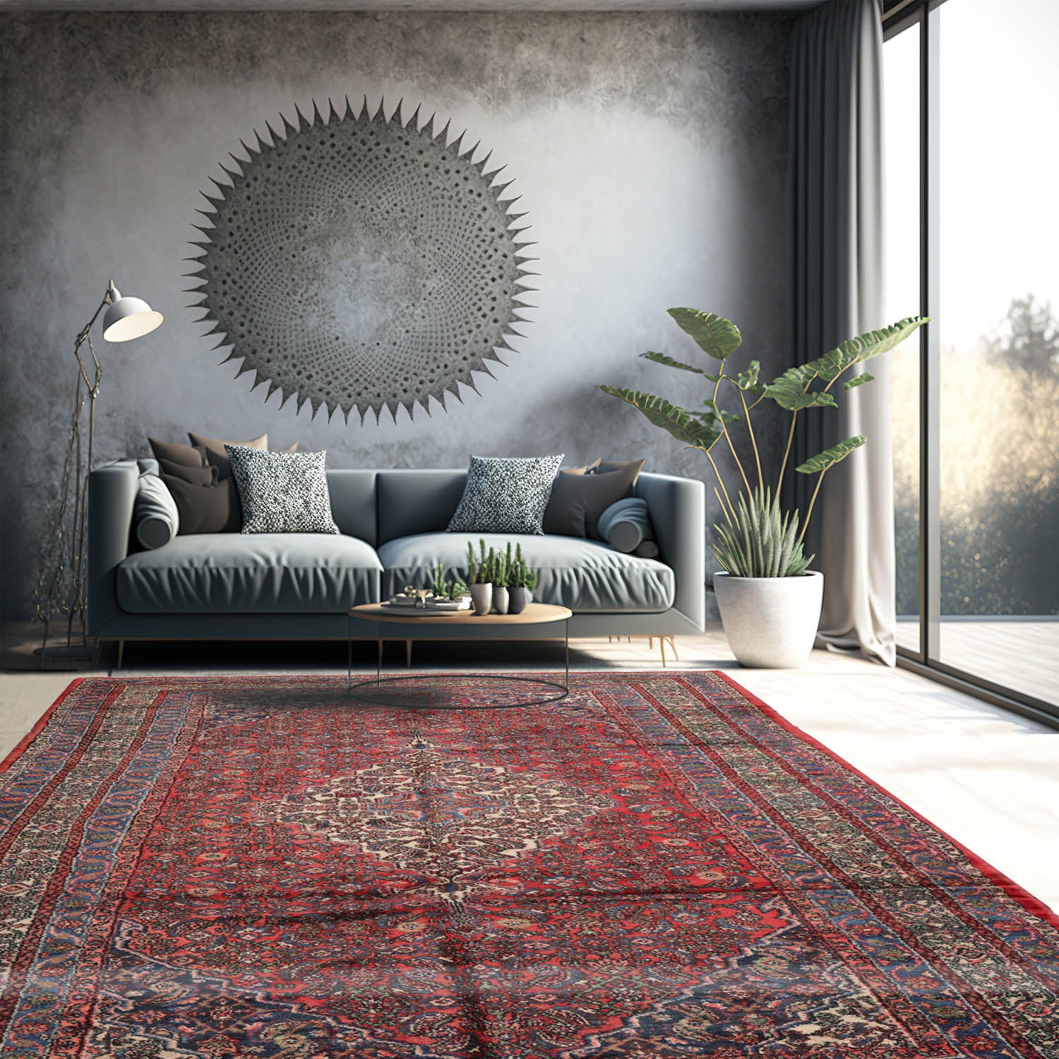 7' x13' Coral Ivory Blue Color Hand Knotted Persian 100% Wool Traditional Oriental Rug