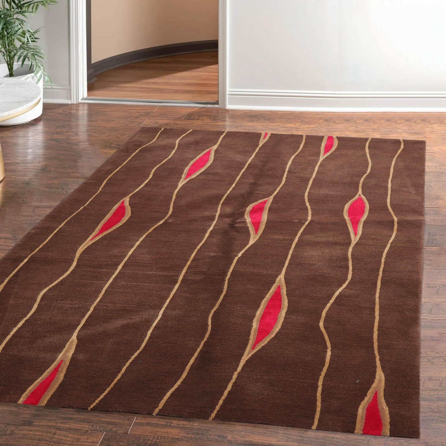 5' x7' Brown Light Gold Fuchsia Color Hand Knotted Tibetan 100% Wool Modern & Contemporary Oriental Rug