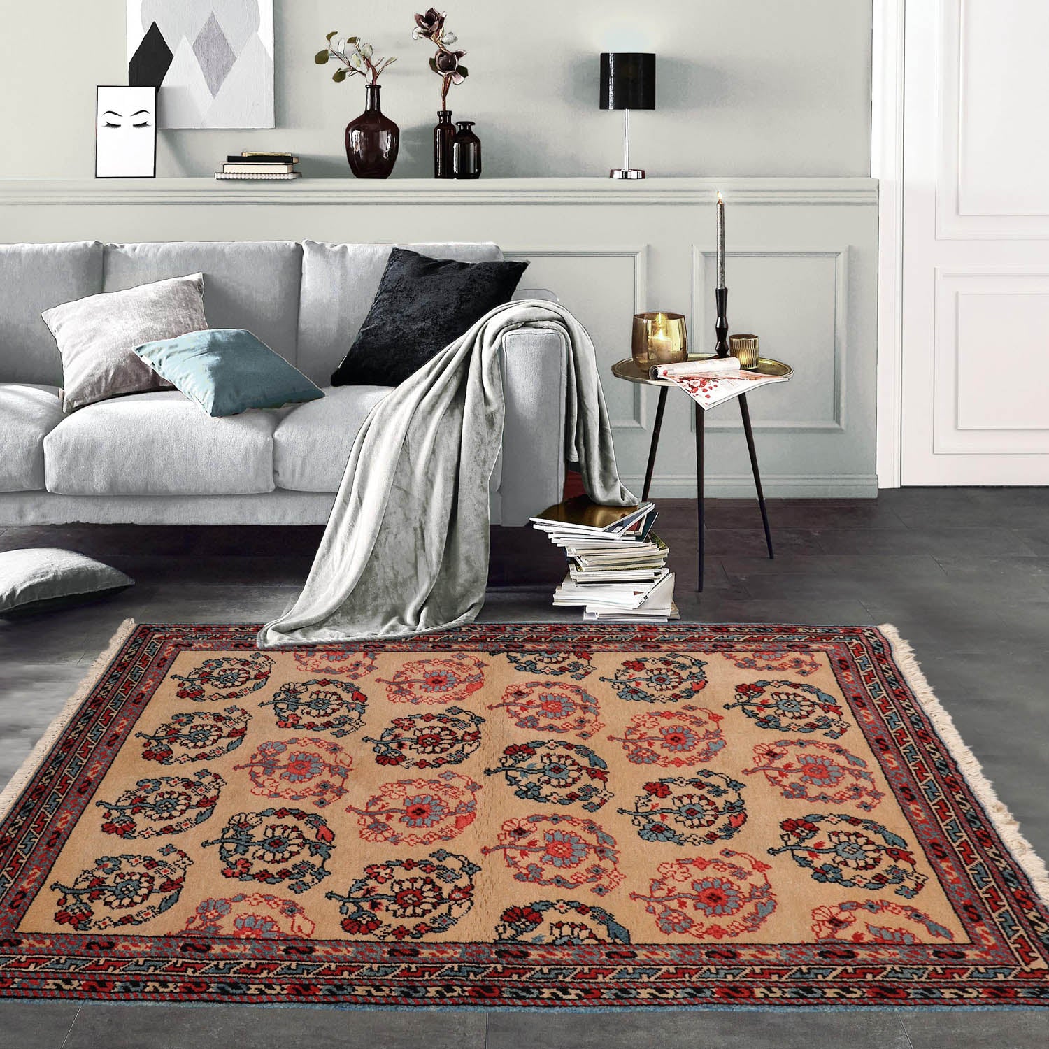 2' 11''x4' 8'' Beige Rust Blue Color Hand Knotted Tibetan 100% Wool Transitional Oriental Rug