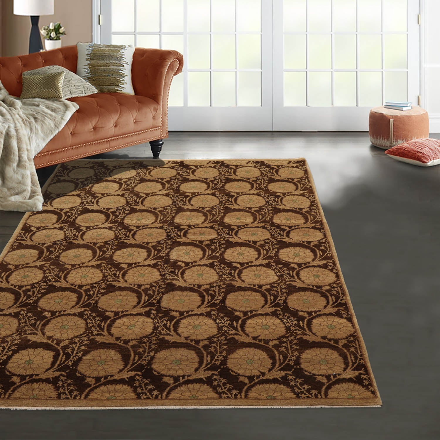 4' 11''x7' Brown Moss Turquoise Color Hand Knotted Tibetan 100% Wool Modern & Contemporary Oriental Rug