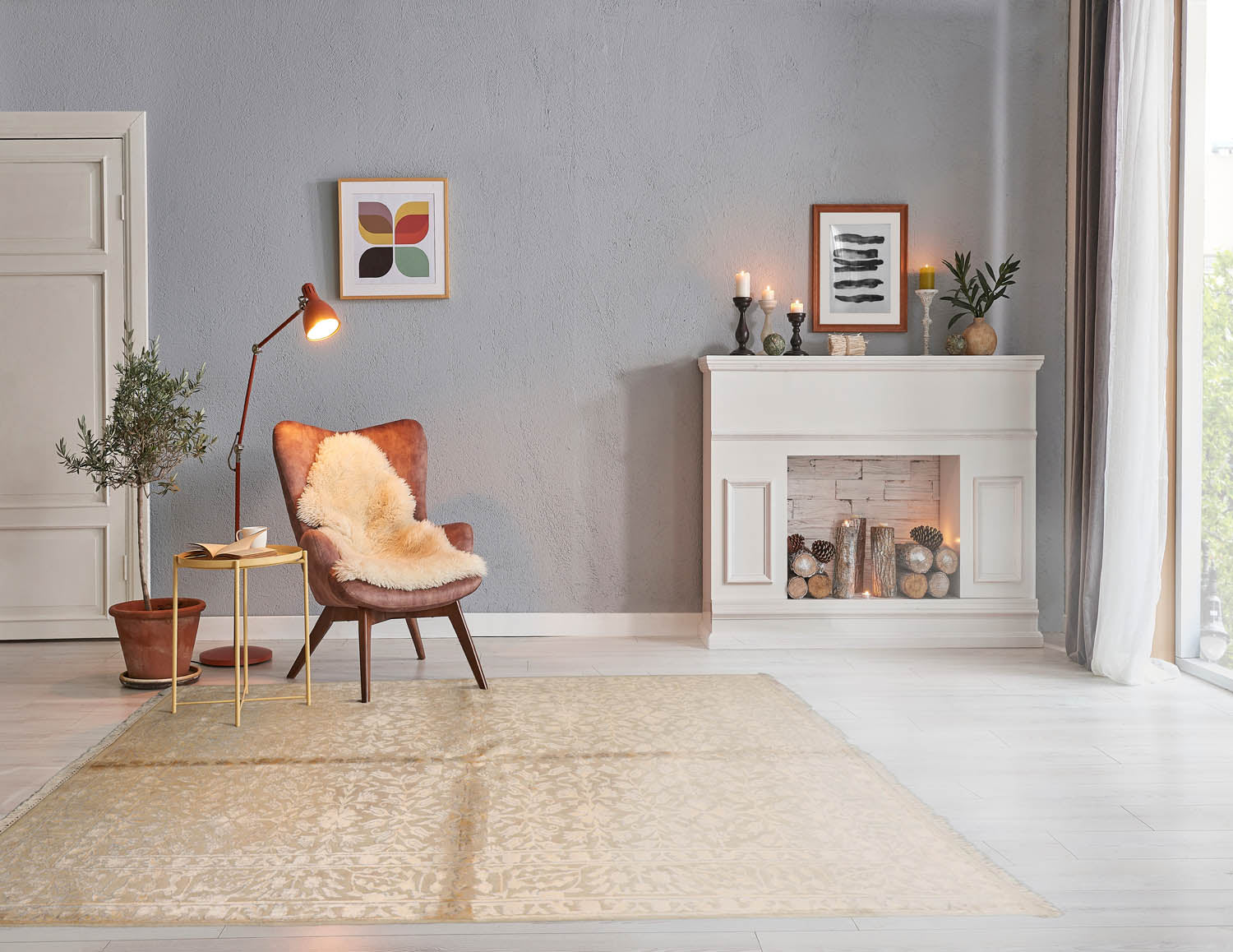 4' 3''x5' 10'' Ivory Gray Gold Color Hand Knotted Tibetan 100% Wool Modern & Contemporary Oriental Rug