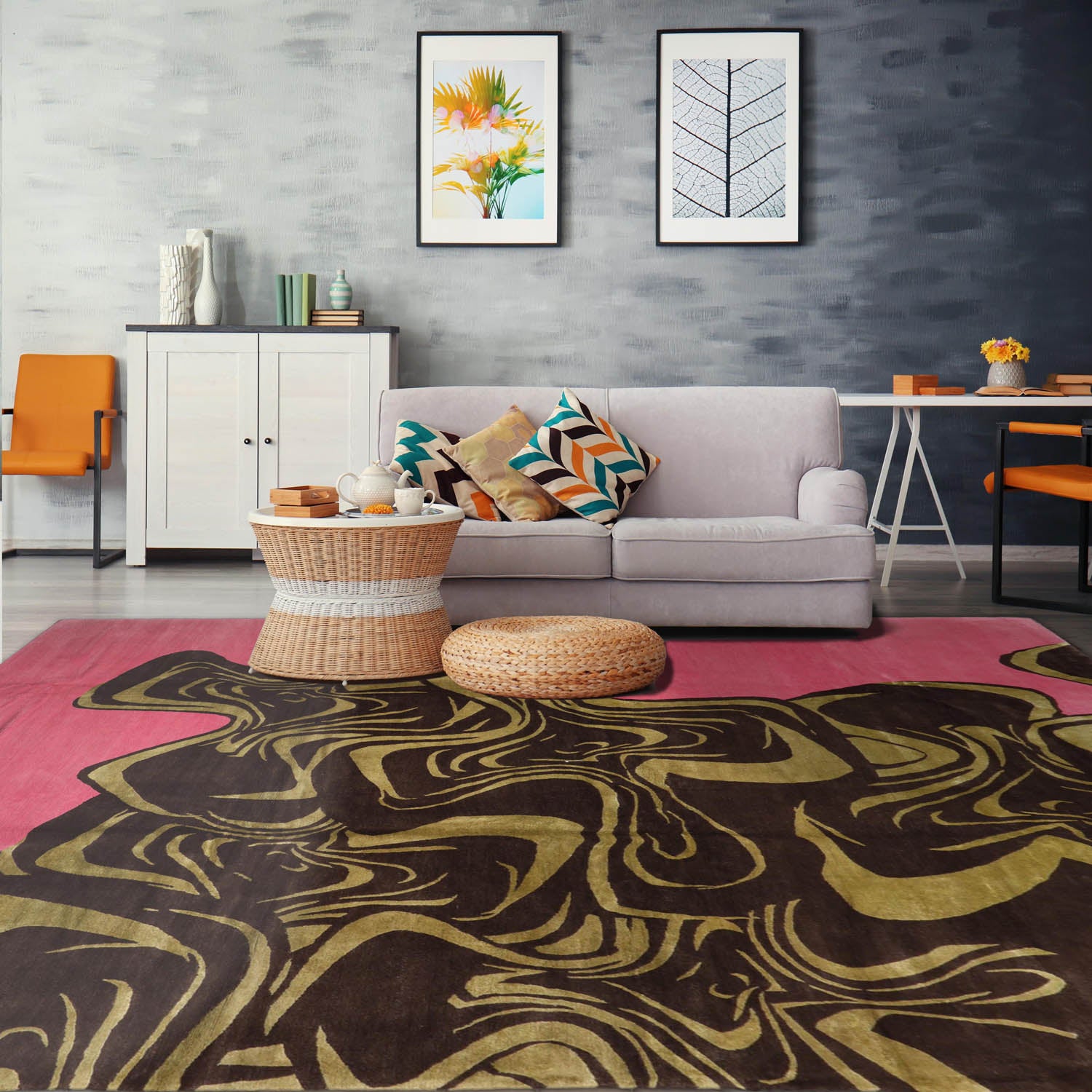 9' x12' Pink Brown Lime Color Hand Knotted Tibetan 100% Wool Modern & Contemporary Oriental Rug