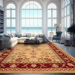 Palace Hand Knotted 100% Wool Agra Arts & Crafts Oriental Area Rug Light Gold, Rusty Red Color