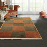 4x6 Brown Hand Knotted Tibetan Modern Geometric Checked Wool Oriental Area Rug