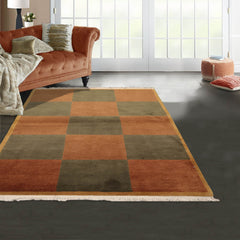 4x6 Brown Hand Knotted Tibetan Modern Geometric Checked Wool Oriental Area Rug