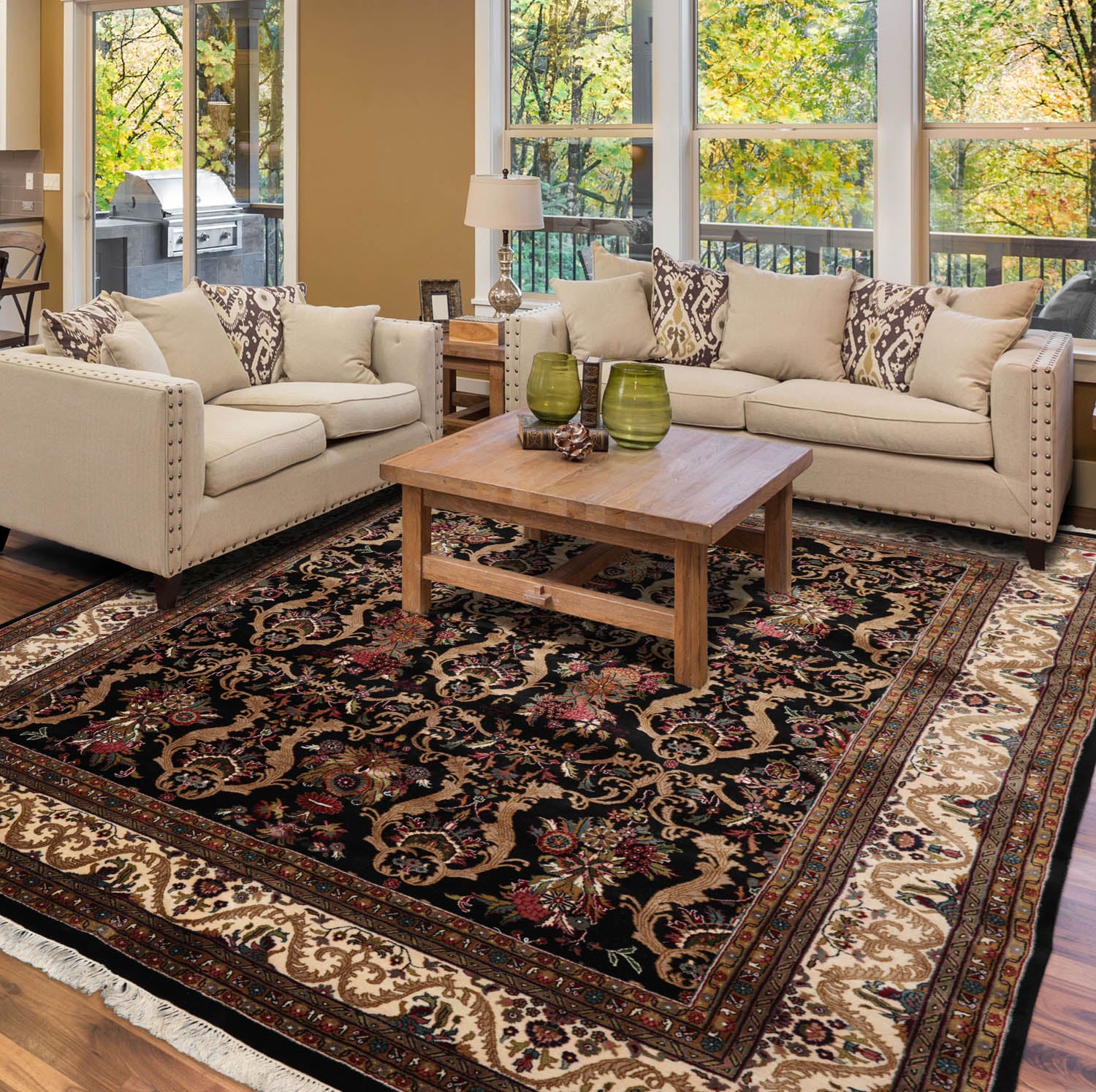 7' 11''x10' Black Cream Tan Color Hand Knotted All-Over 100% Wool Traditional Oriental Rug