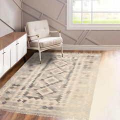 LoomBloom 5x8 Handcrafted Beige Oriental Kilim Wool Rug