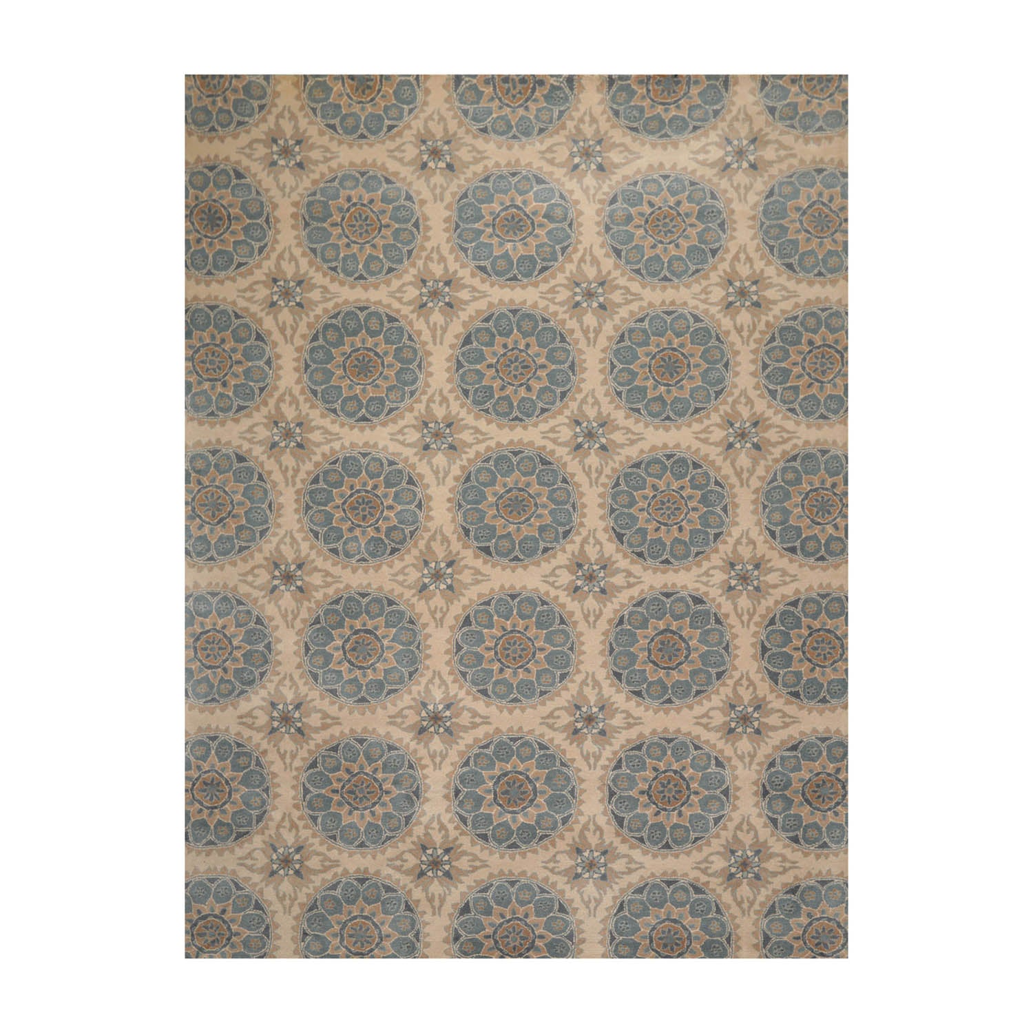 9' x12' Tan Blue Beige Color Hand Tufted 100% Wool Transitional Oriental Rug
