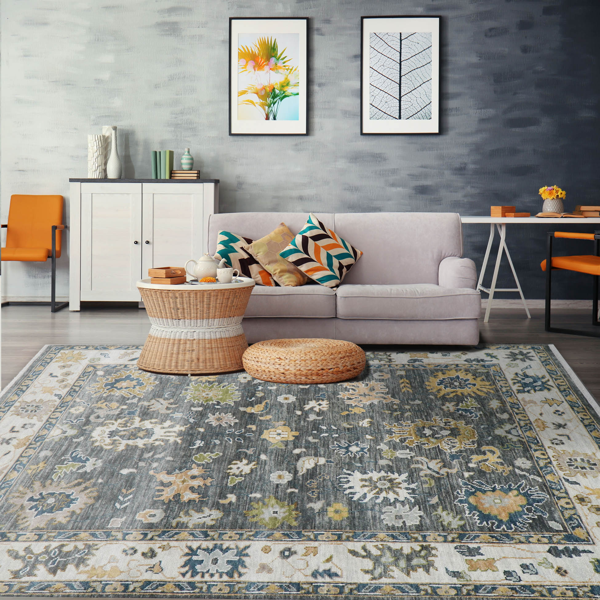 9' 6''x12' 7'' Gray Ivory Blue Color Hand Knotted Turkish Oushak 100% Wool Transitional Oriental Rug