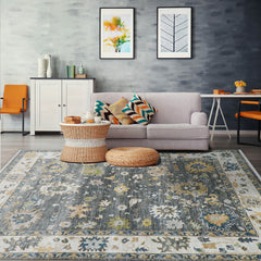 9' 6''x12' 7'' Gray Ivory Blue Color Hand Knotted Turkish Oushak 100% Wool Transitional Oriental Rug