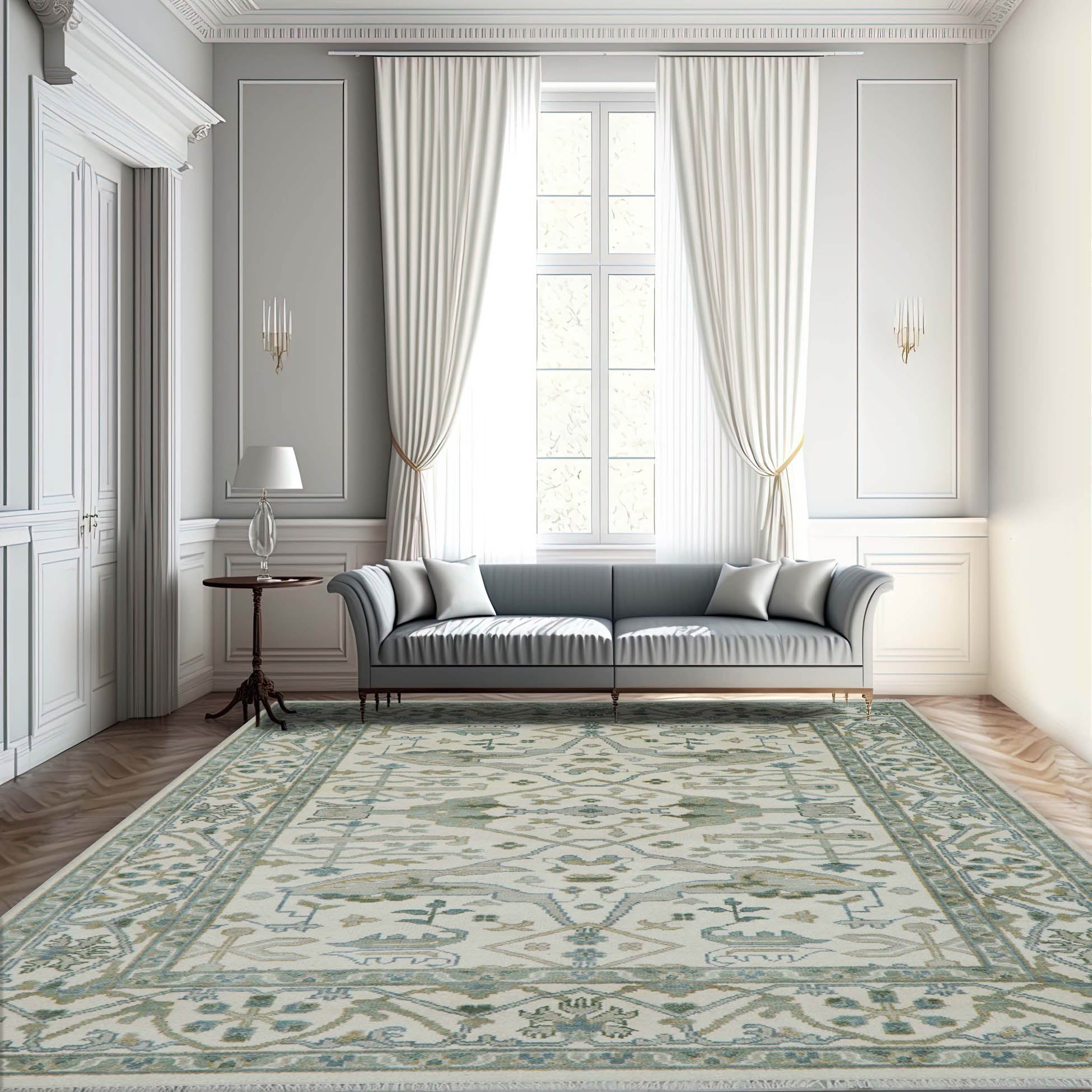 8' 10''x11' 11'' Ivory Sea Foam Gray Color Hand Knotted Turkish Oushak 100% Wool Transitional Oriental Rug