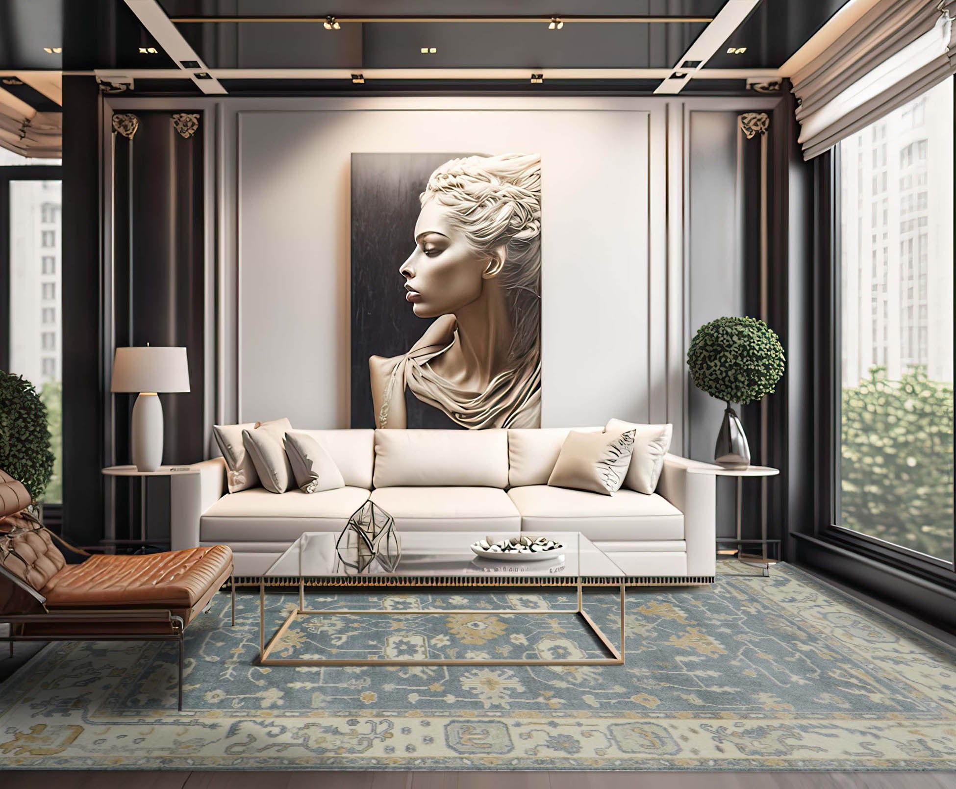 8' 9''x11' 9'' Grayish Blue Ivory Light Gold Color Hand Knotted Turkish Oushak 100% Wool Transitional Oriental Rug