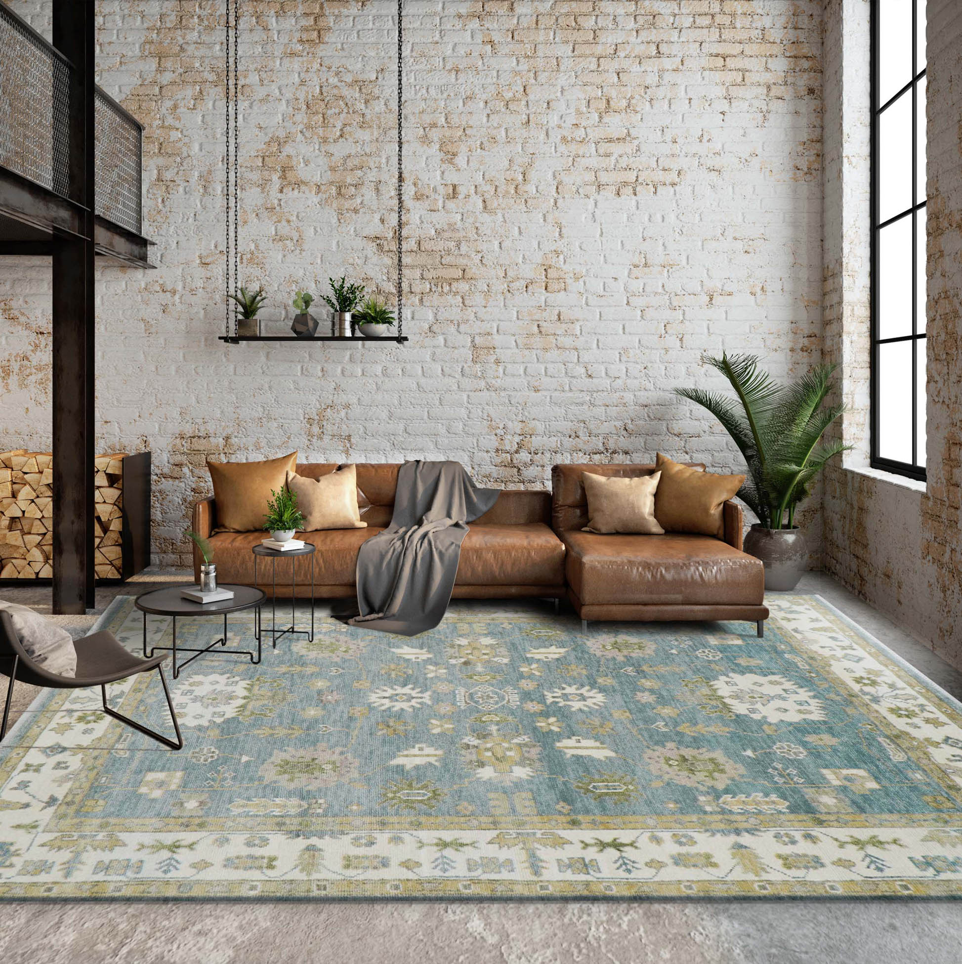 9' 1''x12' 1'' Blue Ivory Green Color Hand Knotted Turkish Oushak 100% Wool Transitional Oriental Rug