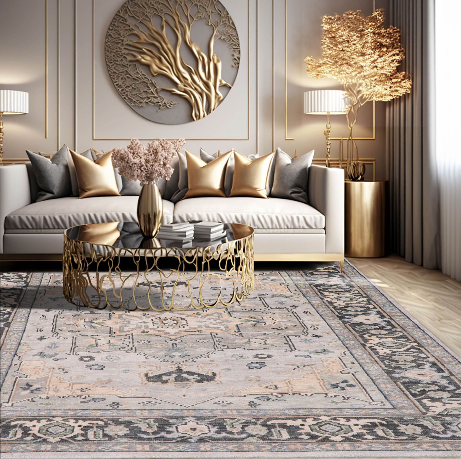 8' 11''x12' 1'' Beige Gray Tan Color Hand Knotted Turkish Oushak 100% Wool Transitional Oriental Rug