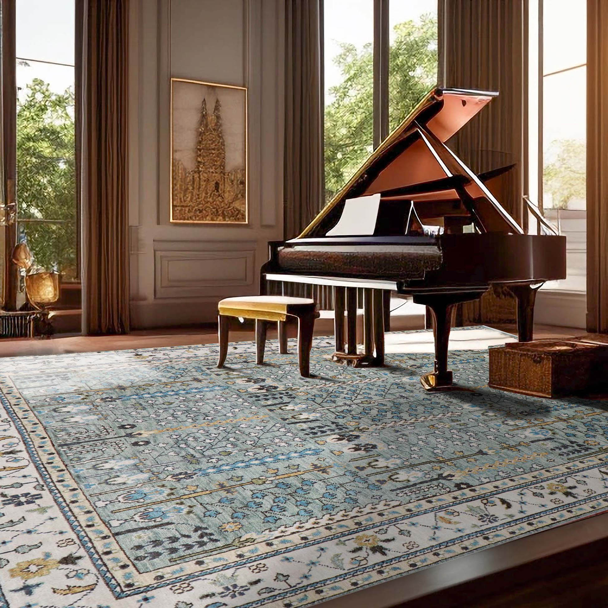 11' 10''x15' 1'' Sea Foam Beige Ivory Color Hand Knotted Turkish Oushak 100% Wool Transitional Oriental Rug