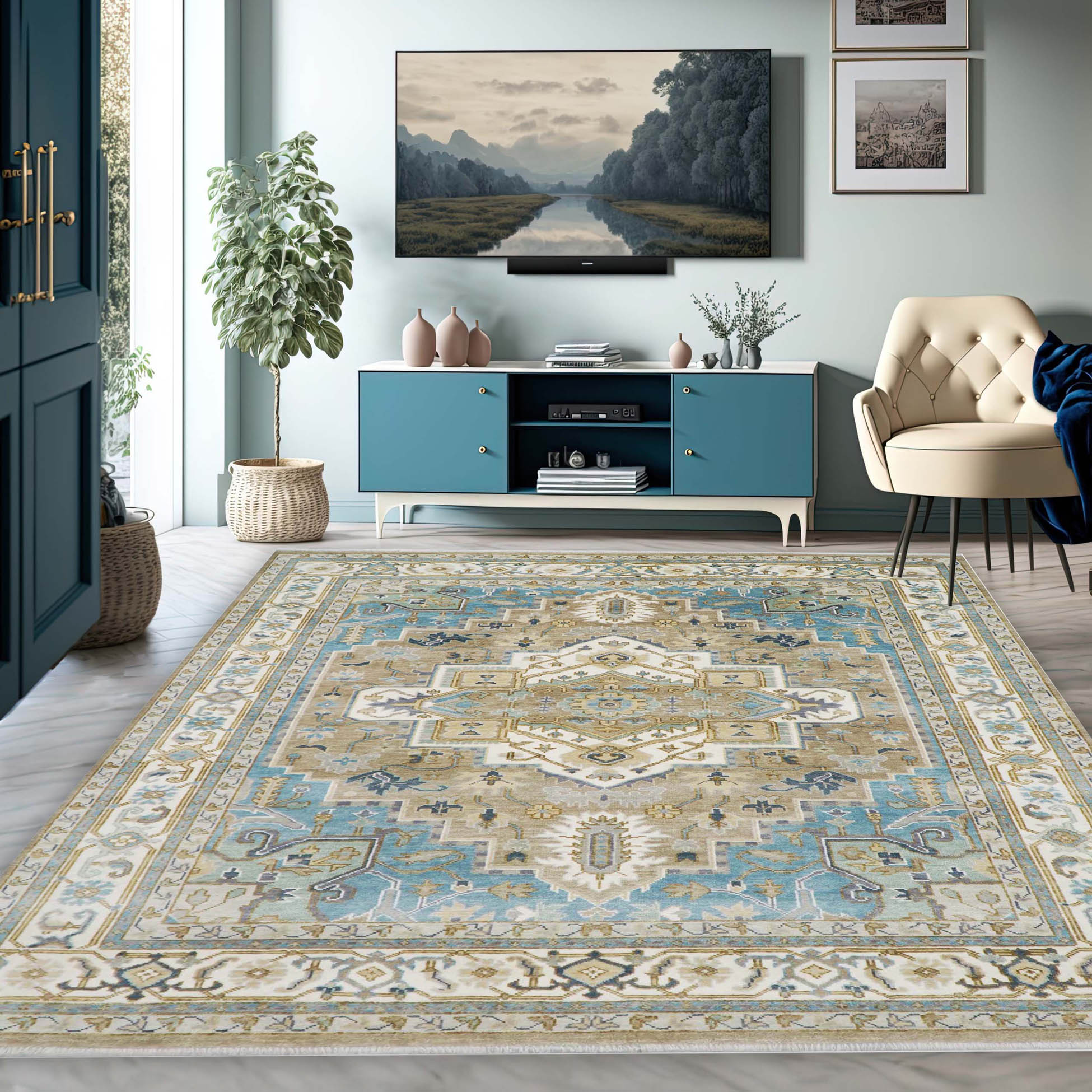 12' 4''x15' Beige Tan Aqua Color Hand Knotted Turkish Oushak 100% Wool Transitional Oriental Rug