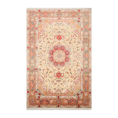 6' 7''x10' 2'' Hand Knotted Wool and Silk Traditional Tabriz 300 KPSI Oriental Area Rug Ivory, Peach Color