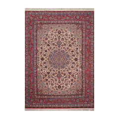 9x12 Hand Knotted Wool and Silk Traditional Isfahan 300 KPSI Oriental Area Rug Ivory, Red Color