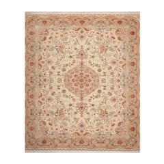 8x10 Hand Knotted Wool and Silk Traditional Tabriz 400 kpsi Oriental Area Rug Ivory, Tan Color