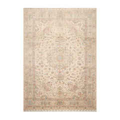 8x10 Hand Knotted Wool and Silk Traditional Tabriz 300 KPSI Oriental Area Rug Ivory, Taupe Color