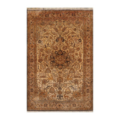 5x7 Hand Knotted Persian 100% Silk Pictorial Kum 200 KPSI Oriental Area Rug Tan,Brown Color