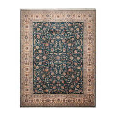 10x14 Hand Knotted Wool and Silk Traditional Tabriz 400 KPSI Oriental Area Rug Teal, Beige Color