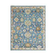 7' 8''x9' 11" Blue Sage Light Gold Color Hand Knotted Indo Oushak 100% Wool Traditional Oriental Area Rug
