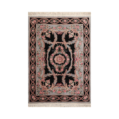 6x9 Hand Knotted Aubusson Savonnerie 100% Wool Asmara Traditional Oriental Area Rug Black, powder Blue Color