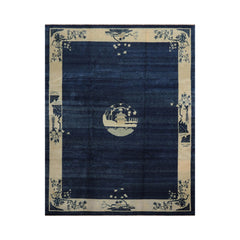 9x12 Hand Knotted Tibetan 100% Wool Michaelian & Kohlberg Chinese Art Deco Oriental Area Rug Navy Blue, Ivory Color